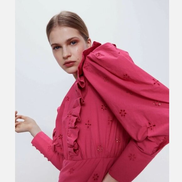 Zara Pink Eyelet Embroidered Midi Dress, Size Small NEW WITH TAG! - Picture 3 of 15